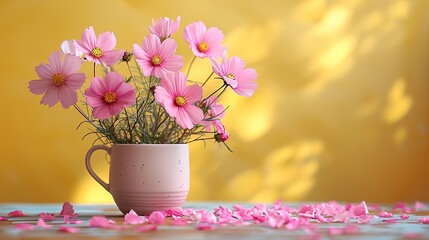 wicker basket with pink flowers coffee cup gift box confetti on pastel yellow background happy mothers day birthday international womens day banner design.stock image