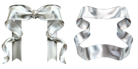 Silver Banner Ribbon Set Isolated on Transparent or White Background, PNG