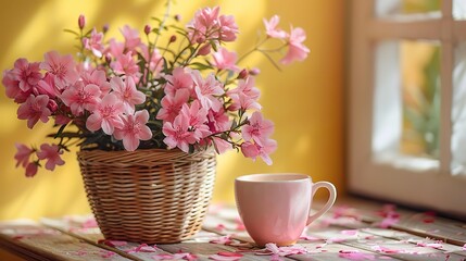 wicker basket with pink flowers coffee cup gift box confetti on pastel yellow background happy mothers day birthday international womens day banner design.illustration