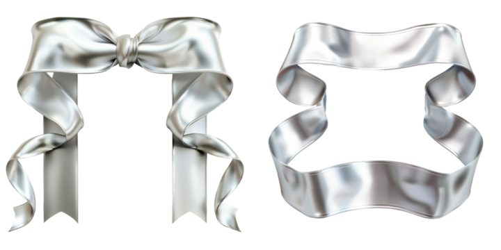 Silver Banner Ribbon Set Isolated on Transparent or White Background, PNG