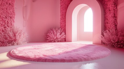 Pink plush round carpet on light pink background with geometric shapes, soft lighting - C4D rendering, octane renderer.