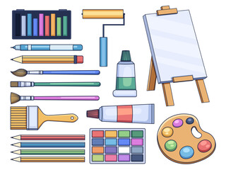 Illustration of various essential painting tools and supplies. Featured are colorful crayons, pencil, paint rollers, an easel with a blank canvas, brushes of various types, tube paint, watercolor, etc