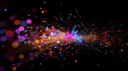 A trail of colorful bokeh lights creating a vibrant, dynamic display against a dark black background, resembling a light burst.
