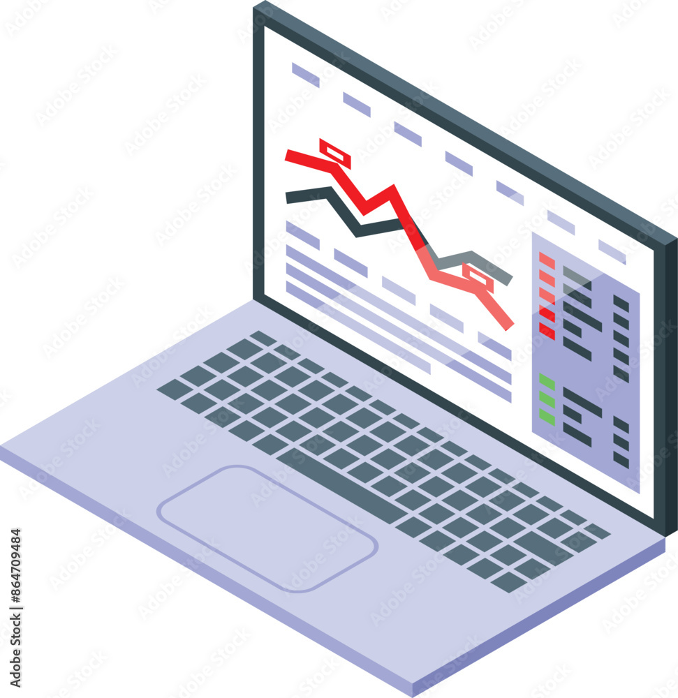 Poster laptop displaying a financial chart with a red arrow pointing down, indicating a declining stock mar