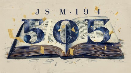 a minimalistic collage of education and knowledge, featuring an illustration of an open book with floating letters and numbers. 