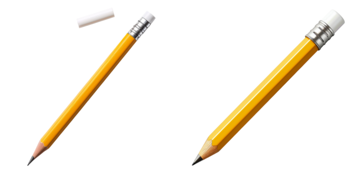 Bright Yellow Pencil and White Eraser Set Isolated on Transparent or White Background, PNG