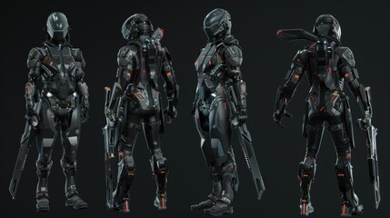 Naklejka premium Futuristic warrior character sheet with detailed armor design, weapon loadout, and cybernetic enhancements