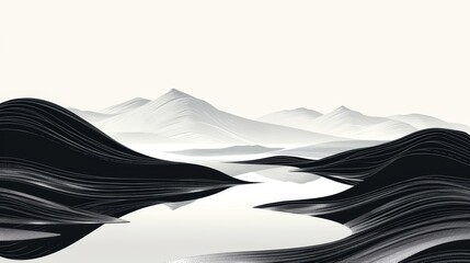 Chinese landscape in woodcut-inspired style, monochromatic with abstract contours and elegant composition, infused with Chinese culture.
