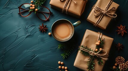 Naklejka premium day banner template top view vintage gift box with label happy father s day coffee cup glasses on dark blue background.image