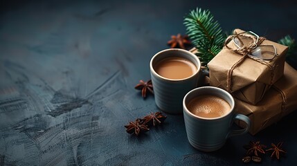  banner with vintage gift boxes glasses cup of coffee on dark blue background.stock photo