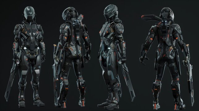 Futuristic warrior character sheet with detailed armor design, weapon loadout, and cybernetic enhancements