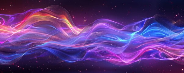 Obraz premium Abstract neon waves of light and energy against a dark starry space background. Abstract 3D illustration.