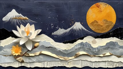 a minimalistic collage of peace and tranquility, featuring an illustration of a lotus flower with calming waves