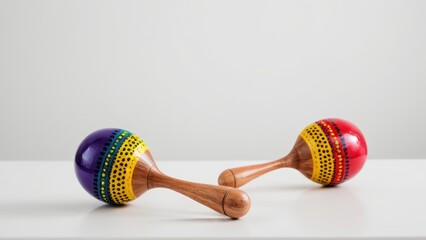 pair of wooden maracas sitting on top of a white surface next to each other