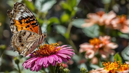 Obraz premium A close-up of a butterfly on a flower, showing the intricate details and colors.