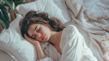 Obraz premium A woman sleeps peacefully in a comfortable bed.