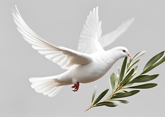 Obraz premium white dove in flight on a white background with an olive branch