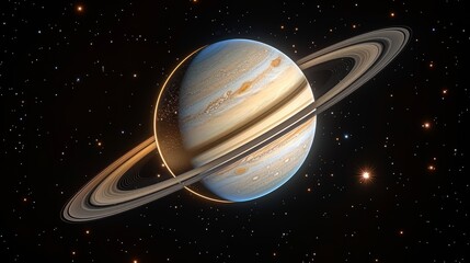 Naklejka premium A large planet with a ring around it is shown in the night sky