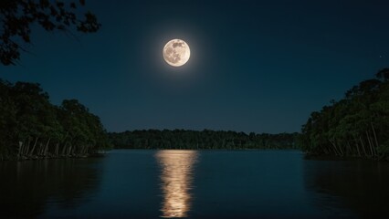 full moon shines brightly in the sky over a body of water with trees in the foreground