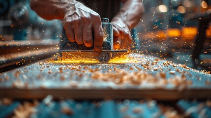 carpenter is sawing a plywood sheet with electric jig saw machine in carpentry workshop close up hand with jigsaw carpentry.image illustration