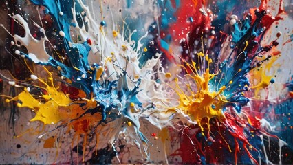A textured canvas with splashes of paint and abstract forms.