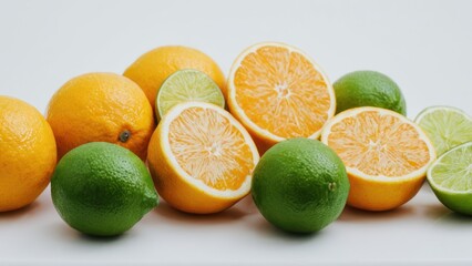 a photograph of oranges, limes, lemons, and lime slices on a white surface