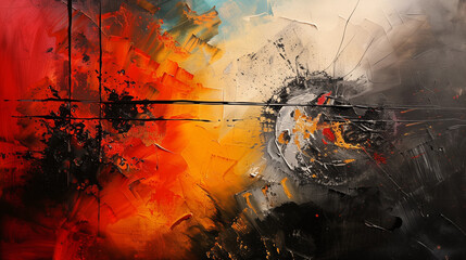 An abstract painting, light and dark colors create an energetic, passionate, high-contrast atmosphere. Black lines depict dynamic elements like wind or thunder, evoking freedom in a modern art style.