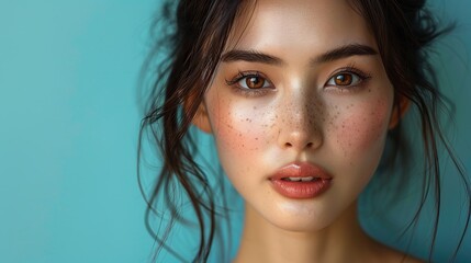 Fototapeta premium young asian beauty woman model long hair with natural makeup look on face and perfect clean skin apply serum on , blue background facial treatment cosmetology aesthetic plastic.photo stock
