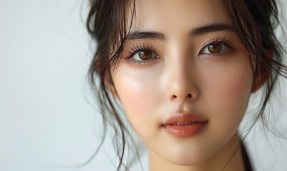 Naklejka premium young asian woman long hair with clean fresh skin korean makeup on white background female model face care facial treatment cosmetology beauty and spa asian women portrait.photo stock