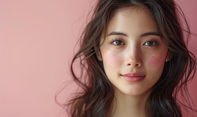 Naklejka premium young asian woman long hair with natural makeup on face and clean fresh skin show copy space on , pink background portrait of cute female model.image illustration