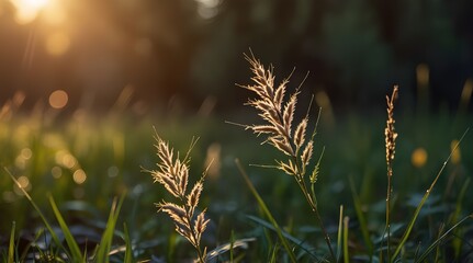 Wild grass in the forest at sunset Macro image shallow.generative.ai