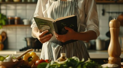 A person in an apron reading a cookbook in a cozy kitchen with fresh vegetables and cooking utensils on the counter.