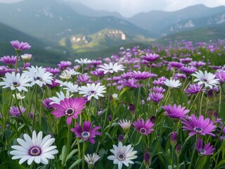 Fototapeta premium Purple and white flowers growing in a meadow in the mountains.