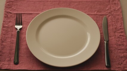 plate with a knife, fork and napkin on top of a cloth covered table