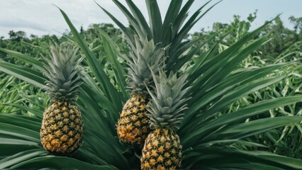 Fototapeta premium bunch of pineapples sitting on top of a lush green leafy tree