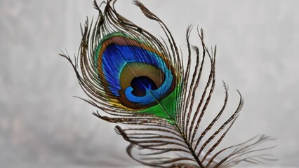 Obraz premium A vibrant peacock feather, isolated on a white background, captured in stunning detail.