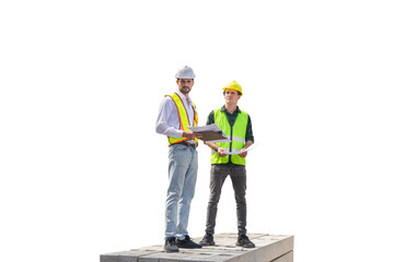 Engineer and foreman worker checking project at building site, Engineer and builders in hardhats...