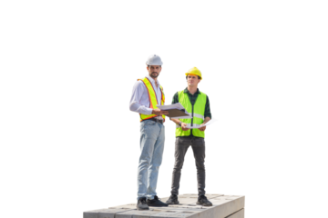 Engineer and foreman worker checking project at building site, Engineer and builders in hardhats discussing on construction site