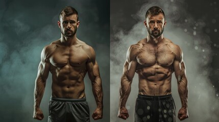 Obraz premium Side-by-side comparison image of a muscular man in athletic shorts, showcasing strength and fitness in a foggy and dramatic atmosphere.
