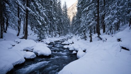 stream running through a snowy forest filled with lots of snow on the side of a mountain