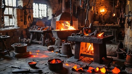 A medieval blacksmith's forge with glowing coals, anvils, and tools scattered around.