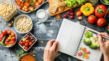Healthy meal planning with fresh vegetables, fruits, and grains, featuring a top view of a person writing in a notebook surrounded by nutritious food.