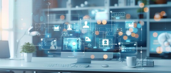 Modern office workspace with computer displaying futuristic online data and virtual social connectivity interfaces.