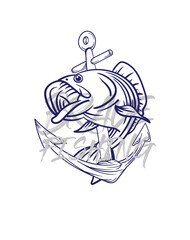 handrawn fishing logo illustration, grunge with text brave and fishing