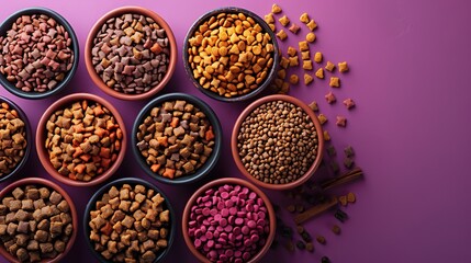 different pet supplies and toys with bowl of dry food on purple background pet shop banner template flat lay top view.image
