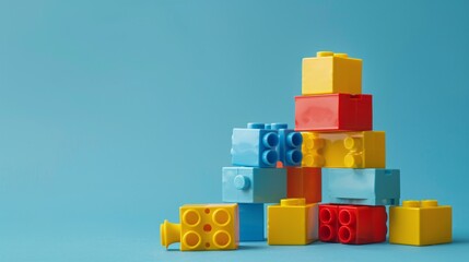 Fototapeta premium Closeup of colorful plastic building blocks on blue background with copy space.