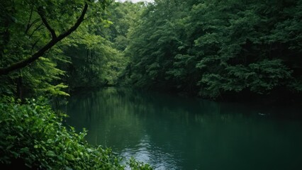body of water surrounded by lush green trees and bushes in the middle of a forest