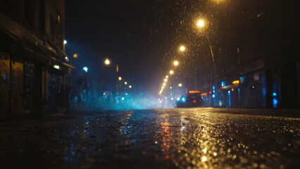Obraz premium wet street with lights in the background and smoke coming out of the top of it