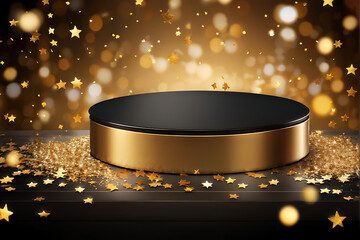 Background black podium stage gold award glitter light 3d platform product golden pedestal. Podium show black background abstract elegant ceremony dark display spotlight effect confetti night scene 