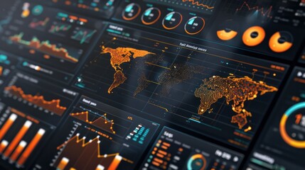 High-tech dashboard with global data analytics and interactive graphs. Ideal for business, technology, and financial projects.